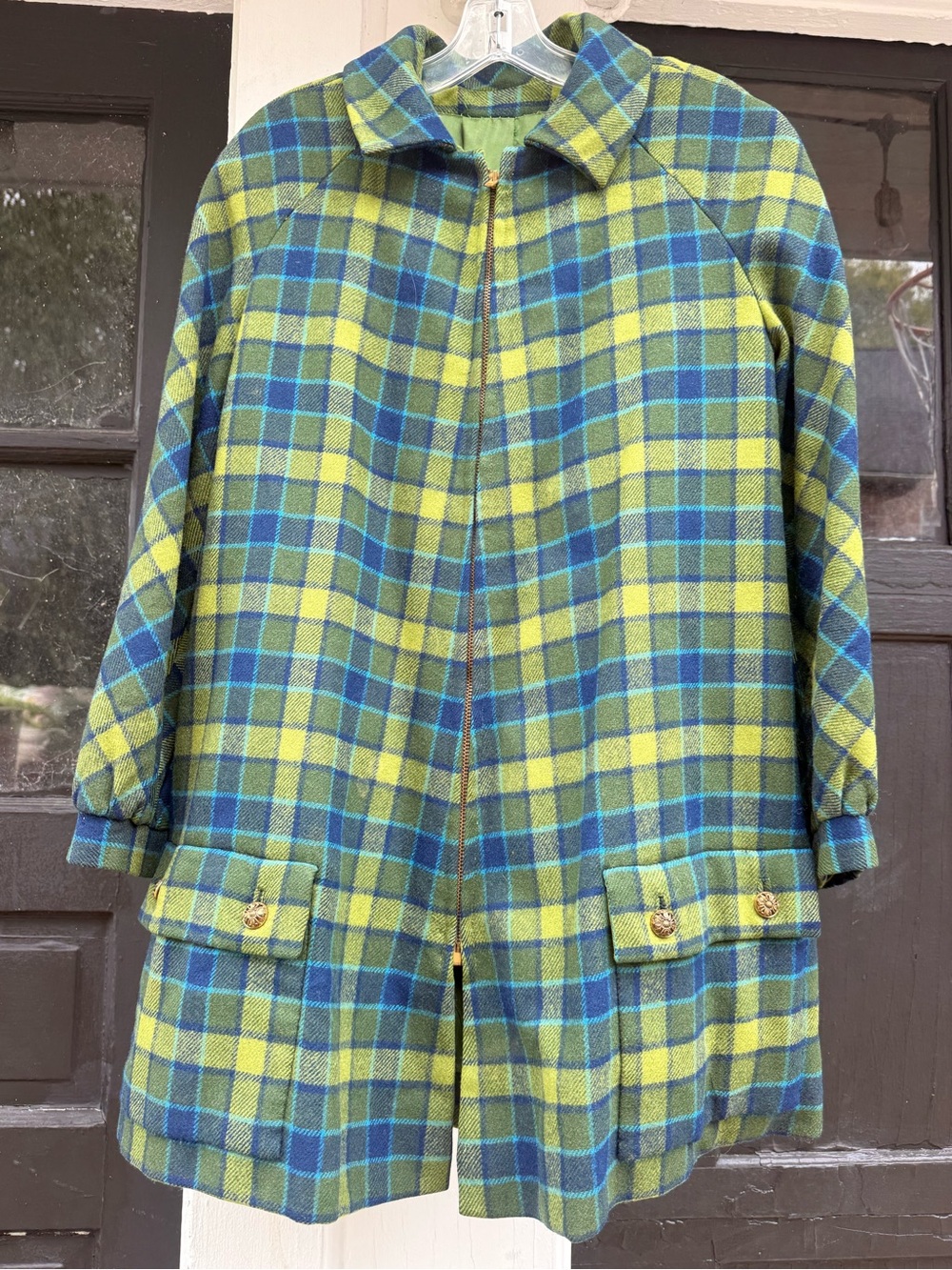 Plaid Zip-Front Women's Jacket in Green and Blue